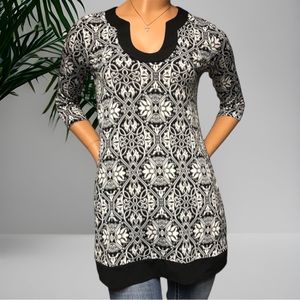 WHBM 3/4 Sleeve Black White With Light Gray Tunic Blouse Top Size 2 XS